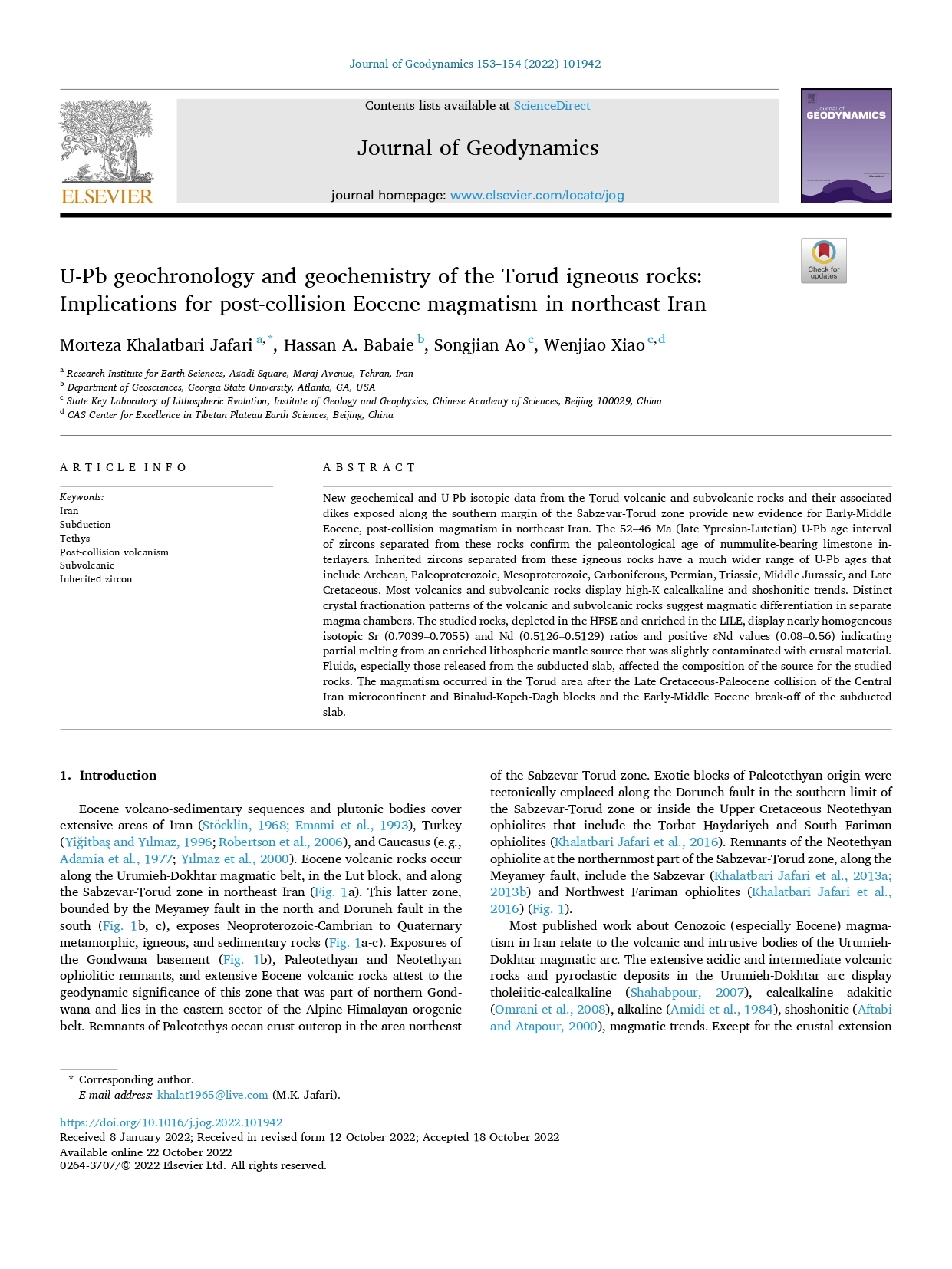 انتشار مقاله دکتر مرتضی خلعت بری جعفری در رابطه با ولکانیسم ائوسن منطقه ترود